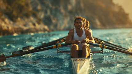 Focused rowing team in motion on warm sunny day, rowing on blur waters at golden hour near rocky coast.