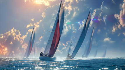 Sailing race with colorful sails billowing against blue sky and sparkling sea.