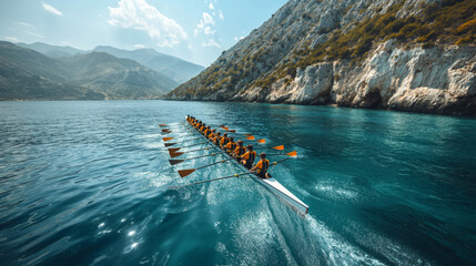 Rowing team, people in motion on warm sunny day, rowing on blur waters at golden hour near rocky coast.
