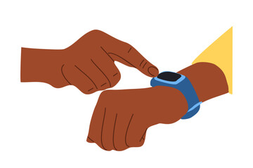 Black hands wearing smart watch on wrist. Modern technology concept. African american arms touching device with finger. Vector colorful illustration isolated on transparent background.	