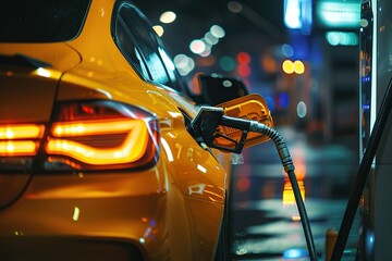 Car fueling at the gas station. Refuel fill up with gasoline. Petrol pump filling fuel nozzle in fuel tank of yellow car at night with bokeh lighting. Rising price, oil industry crisis. Auto Service