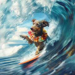 Smiling dog standing surfboard, surfing on wave in the ocean. Tropical vacation