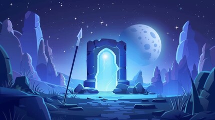 Knight in medieval costume with spear and ancient arch with mystic blue glow on a mountain landscape at night. Modern cartoon fantasy illustration with knight and magic portal in stone frame.