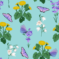 Wildflowers and butterflies on a turquoise background. - obrazy, fototapety, plakaty