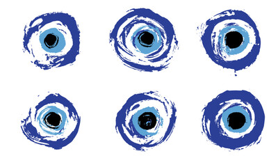 Grunge hand drawn Turkish evil eye. Mandala greek evil eye. Symbol of protection in Turkey, Greese, Cyprus. Blue Turkish Fatima Eye. Amulet from evil eye. Nazar. Magic item, attribute. Set, collection - 781369336