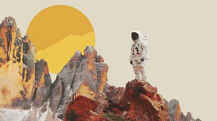 Poster of a vintage astronaut on the moon surface, editorial collage.