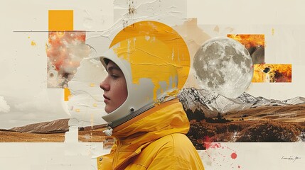 Poster of a vintage astronaut on the moon surface, editorial collage. - obrazy, fototapety, plakaty