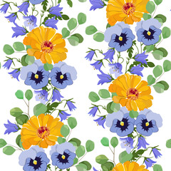 Seamless vector illustration with pansies, eucalyptus and bellflowers