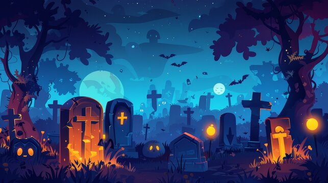 Ghostly cemetery at night, graveyard with broken crosses and monuments, grave tombs and spooky spirits Halloween background. Cartoon modern.
