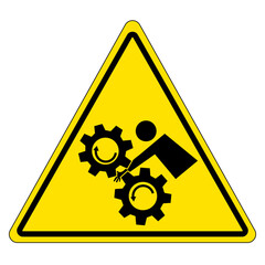 Rotating gear hazard sign Warning yellow triangle sign with a person with an arm entanglement by the machinery.