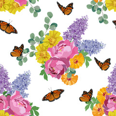 Seamless vector illustration with marigold, lilac, peonies and butterflies