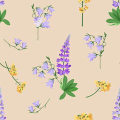 Seamless vector illustration with lupine and campanula