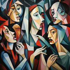 A dynamic cubist artwork depicting a conversation among abstract female figures - 781370790