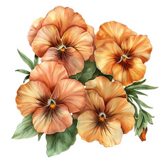 watercolor Pansy flower bouquet, orange color flowers