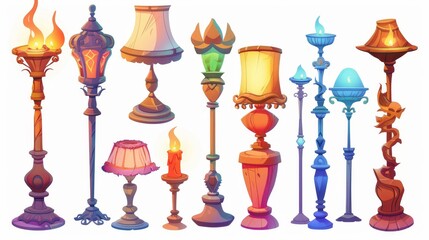 An illustration of a set of cartoon lamps, floor and table torcheres with different lampshades on white stands. A design element for home illumination and decor. - obrazy, fototapety, plakaty