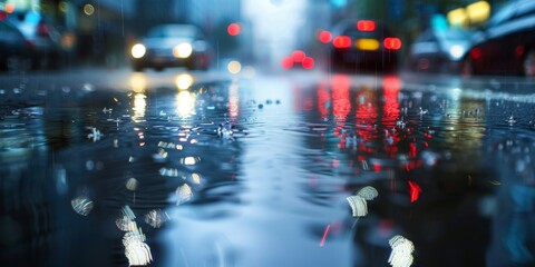 Rain-soaked city streets reflecting the dazzling lights of traffic and storefronts at night.