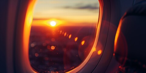 A warm sunset seen through the airplane window, evoking travel and contemplation.