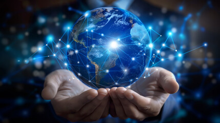 Hands of a businessman hold earth globe hologram in his hands. Global business concept, international financial network connection, world trade - 781371157