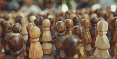 A selective focus shot of wooden chess pieces on a board, symbolizing strategy and competition.
