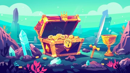 A treasure chest with golden coins and crown, crystal gems, a sword, a gold idol, and a goblet filled with precious rocks. Cartoon modern illustration. - obrazy, fototapety, plakaty