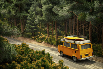 Yellow camper with a surfboard on a top in the forest, tall trees, asphalt road, photorealistic, view from the top
