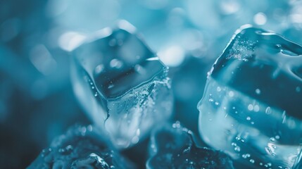 Macro shot of clear melting ice cubes with water droplets. - obrazy, fototapety, plakaty
