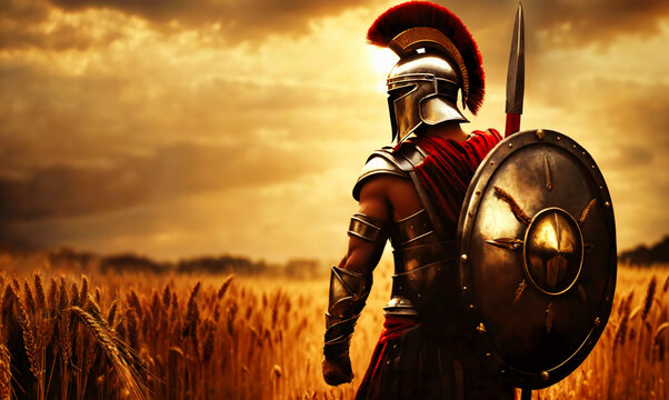 Ancient roman warrior or Gladiator fighting outdoors with shield, sword, man wearing helmet, uniform. Ancient warrior or Gladiator posing in wheat field. Gladiator in armor. legionnaire ready  fight