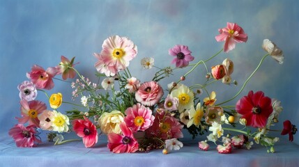 Vibrant arrangement of mixed flowers featuring poppies, daisies, and ranunculus on a pastel backdrop.