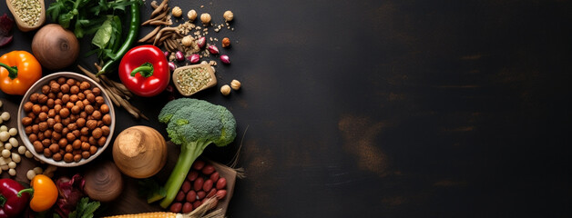 Wide view from above banner image of Vegetarian Day food banner with different types of vegetables and fruit items in a manner on black color wooden table with copy space 