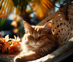 A ginger cat lies in a basket, surrounded by warm sunlight and tropical flora