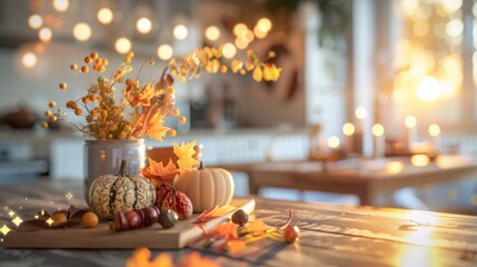 A warm autumnal table setting featuring seasonal decorations with a cozy, festive atmosphere. - obrazy, fototapety, plakaty