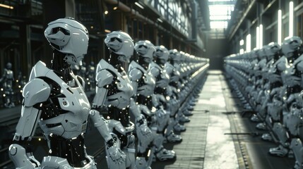 Legion of bipedal robotic soldiers in an organized formation within a futuristic facility