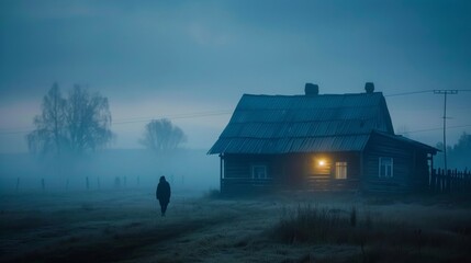 Solitary figure walking towards a lit wooden cabin on a foggy, frosty morning in the countryside. - obrazy, fototapety, plakaty