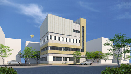 Fototapeta na wymiar modern building, 3d rendering of a modern office building in the city. Architectural illustration of a modern office building