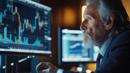 Elderly businessman with grey hair intently studying financial charts on computer monitors in a dark office.