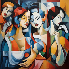 Cubist portrayal of contemplative women - 781371962