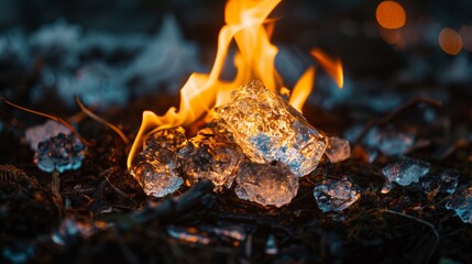 Ice chunks glowing as they burn in a dark, fiery setting, creating a stark contrast. - obrazy, fototapety, plakaty