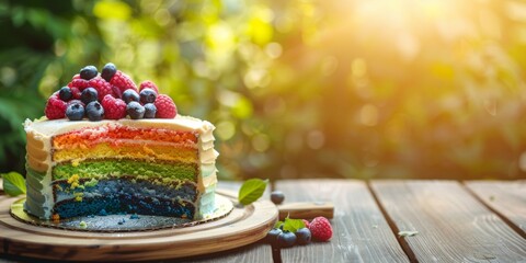 A colorful rainbow layered cake topped with fresh summer berries on a wooden table.