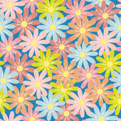 Chamomile daisy flower colorful pattern. Seamless vector doodle elements. Blooming background - 781372315