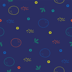 Bright springtime seamless pattern. Leaves and flowers on blue background. Floral summer - 781372337