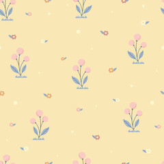 Colorful simple summer meadow seamless pattern. Leaves and flowers on beige background. - 781372351