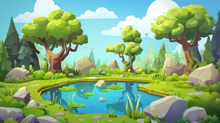 Cartoon forest background with swamp or pond.