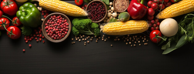Wide view from above banner image of Vegetarian Day food banner with different types of vegetables and fruit items in a manner on black color wooden table with copy space 