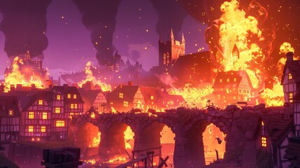 A city is on fire and a bridge is destroyed by the war