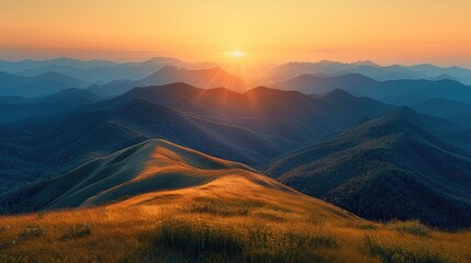 The first light of dawn bathed the mountains in a soft, golden glow, casting long shadows across the rugged landscape.