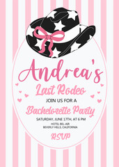 Hen Party invitation card. Last rodeo bachelorette party invitation template with coquette cowgirl hat and bow. Cowgirl disco party. Wedding stationery. Vector illustration.