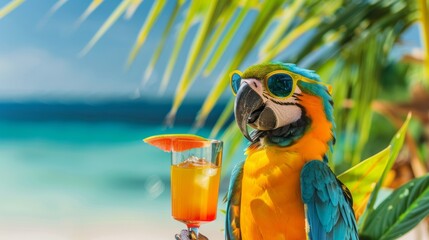 A vibrant parrot with a refreshing drink perched by a tropical resort pool, tropical vacation luxury and enjoyment.