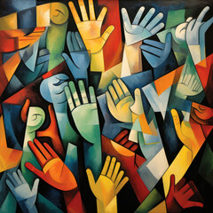 Vivid cubist artwork with multiple hands in a theme of togetherness - 781372926