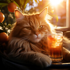 A fluffy ginger cat reclines with a cool beverage amidst sunlit citrus trees - 781372975