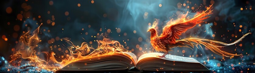 Phoenix Rewriting Stories in Flames from Magical Book - obrazy, fototapety, plakaty